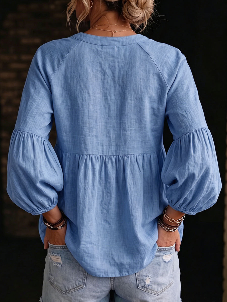 Women's Solid Color V-neck Long-sleeve Casual Loose Cotton-linen Top