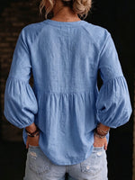 Women's Solid Color V-neck Long-sleeve Casual Loose Cotton-linen Top