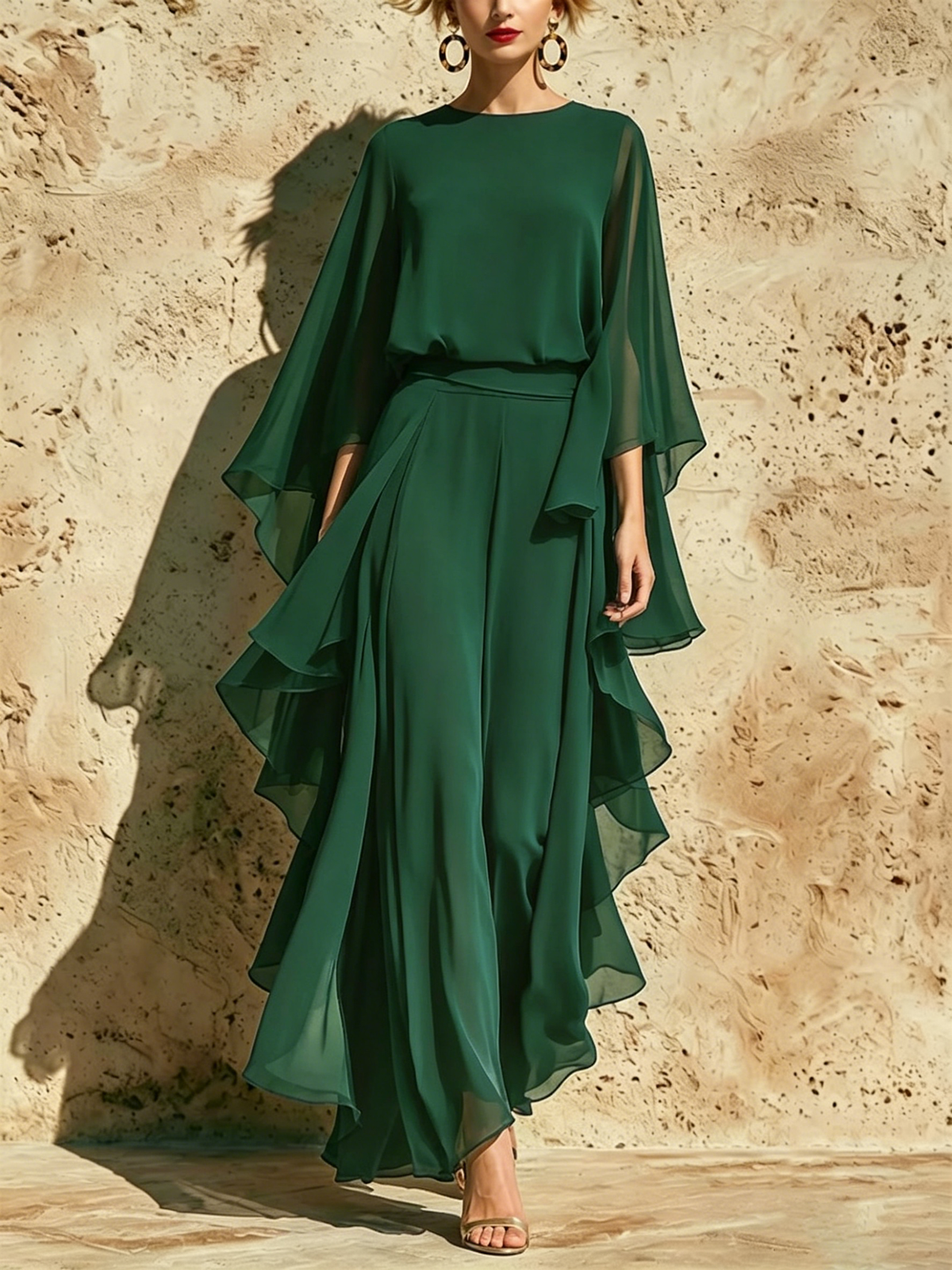 Chiffon Top And Straight-leg Trousers Set With Ruffle Details And Flared Sleeves