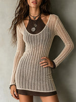 Women's Sheer Art Casual Stylish Open-knit Long Sleeve Mini Dress