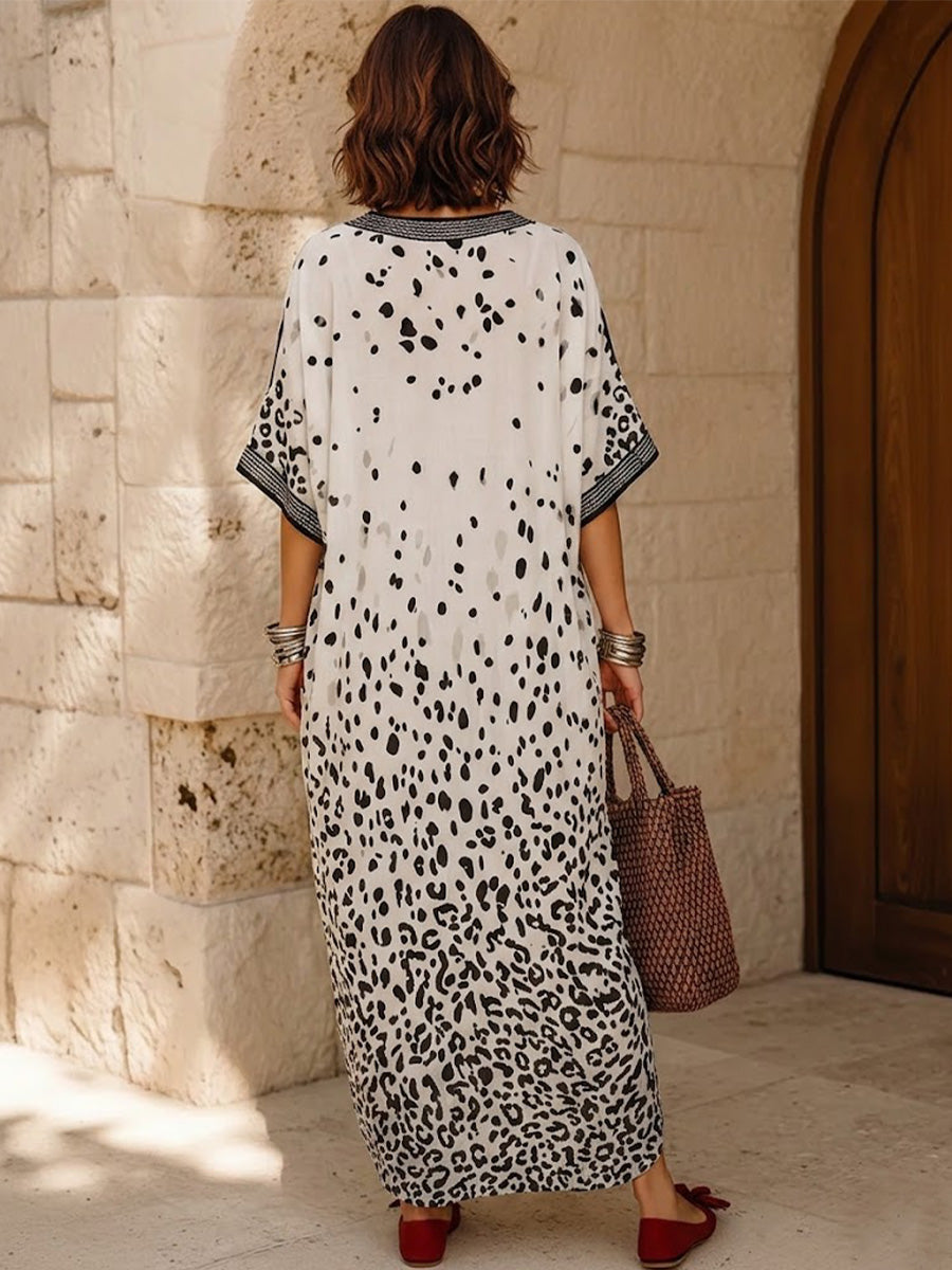 Ombré Leopard Print Kaftan Maxi Dress With V-neck, Elbow-length Sleeves, And Patch Pockets