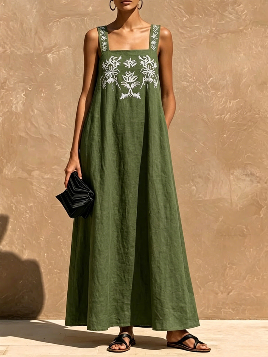 Vintage-style Embroidered Cotton-linen Maxi Dress—square Neck, Sleeveless, Loose-fitting, And Casual