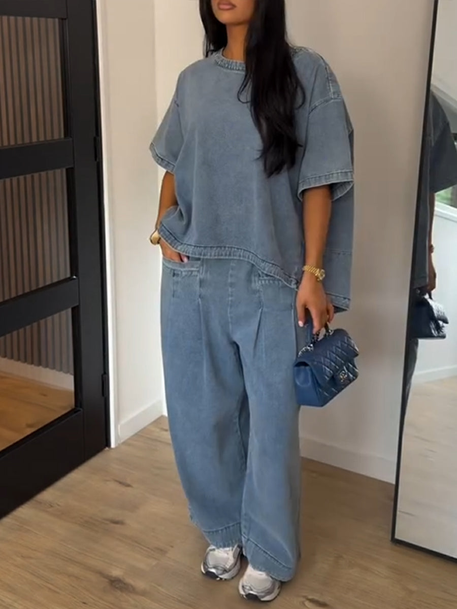 Casual Vintage-style Washed Denim Two-piece Set (top And Pants)