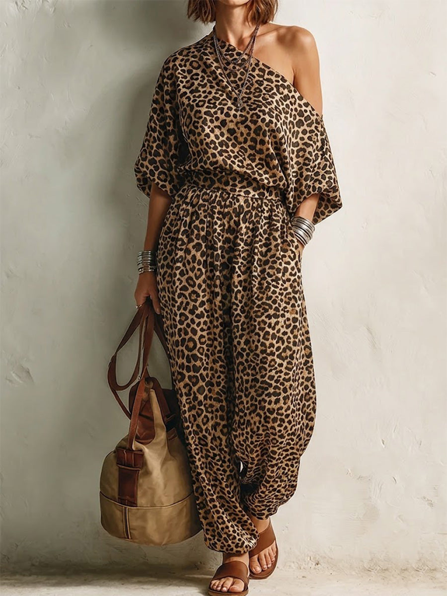 Leopard Print One Shoulder Batwing Half Sleeve Elastic High Waist Harem Jogger Two Piece Matching Set