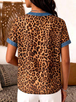 Women's Leopard Print V-neck Short-sleeve Casual Loose Denim-paneled Top