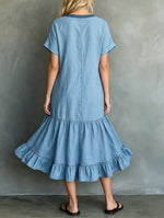 Color-block Trim V-neck Ruffle-hem Dress With Folded-cuff Short Sleeves