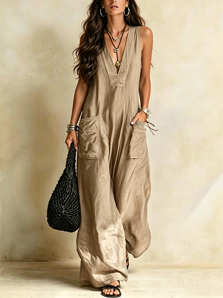 V-neck Sleeveless Loose-fit Utility Jumpsuit With Large Patch Pockets