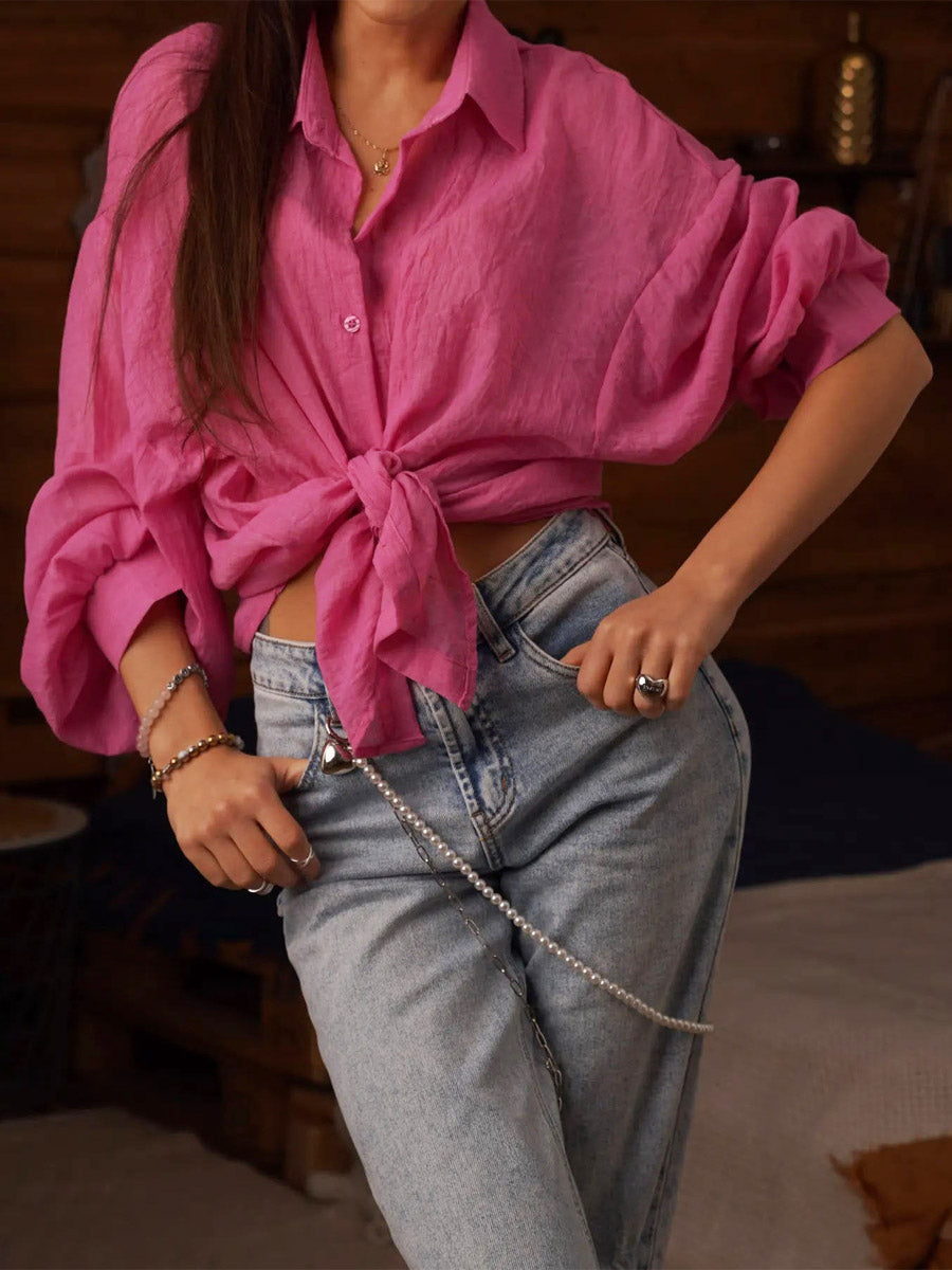 Women's Casual Stylish Knot Loose Sheer Lapel Long Sleeve Shirt
