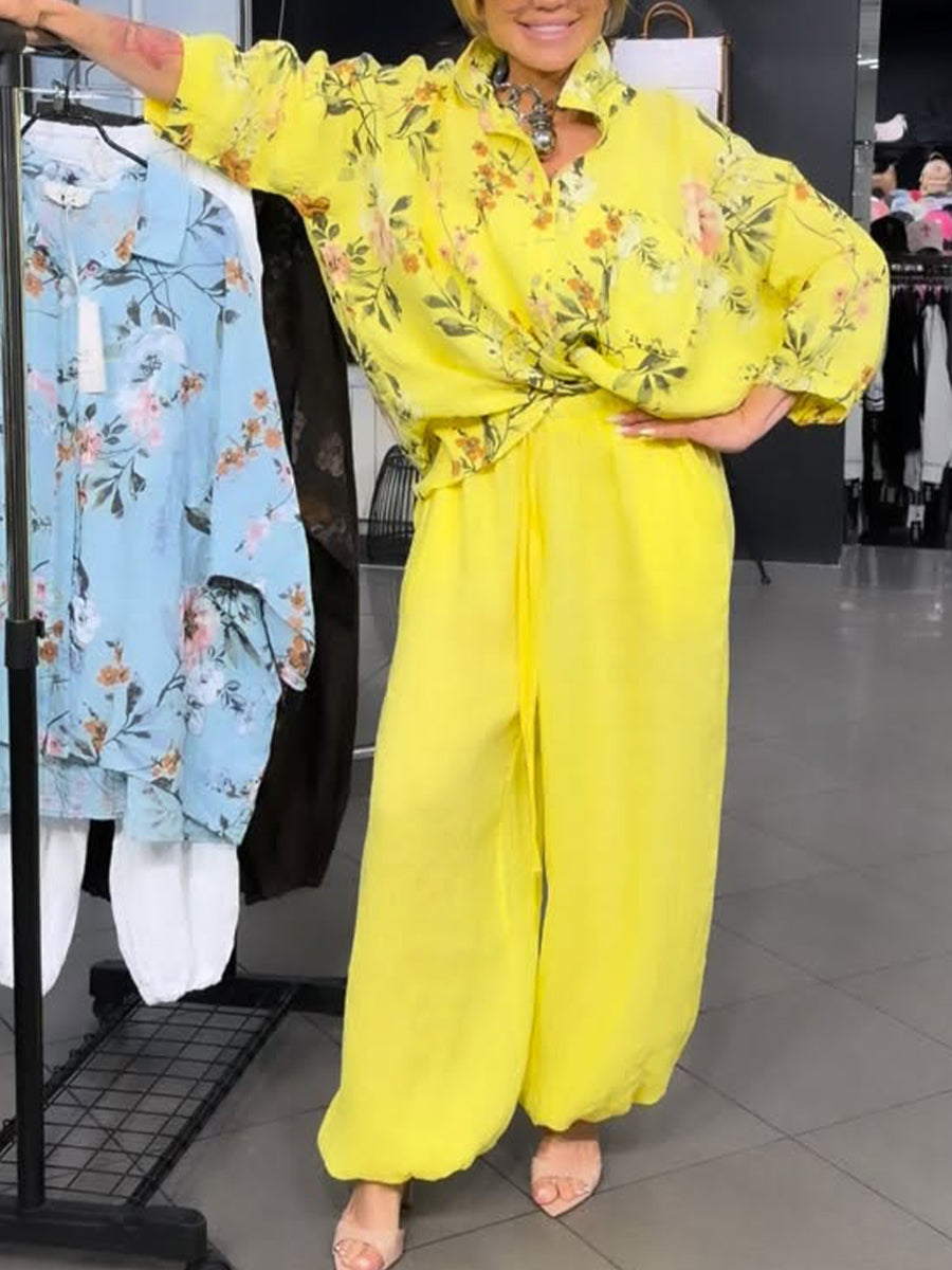 Two-piece Set Featuring A Loose, Casual Floral-print Linen-cotton Shirt And Solid-colored Trousers.