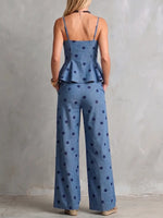 Elegant Denim-Style Polka Dot Peplum & Wide-Leg Pant Set