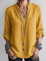 Long-sleeve Linen Top Featuring A Split Mandarin Collar, V-neck, Roll-up Sleeves, And Patch Pockets