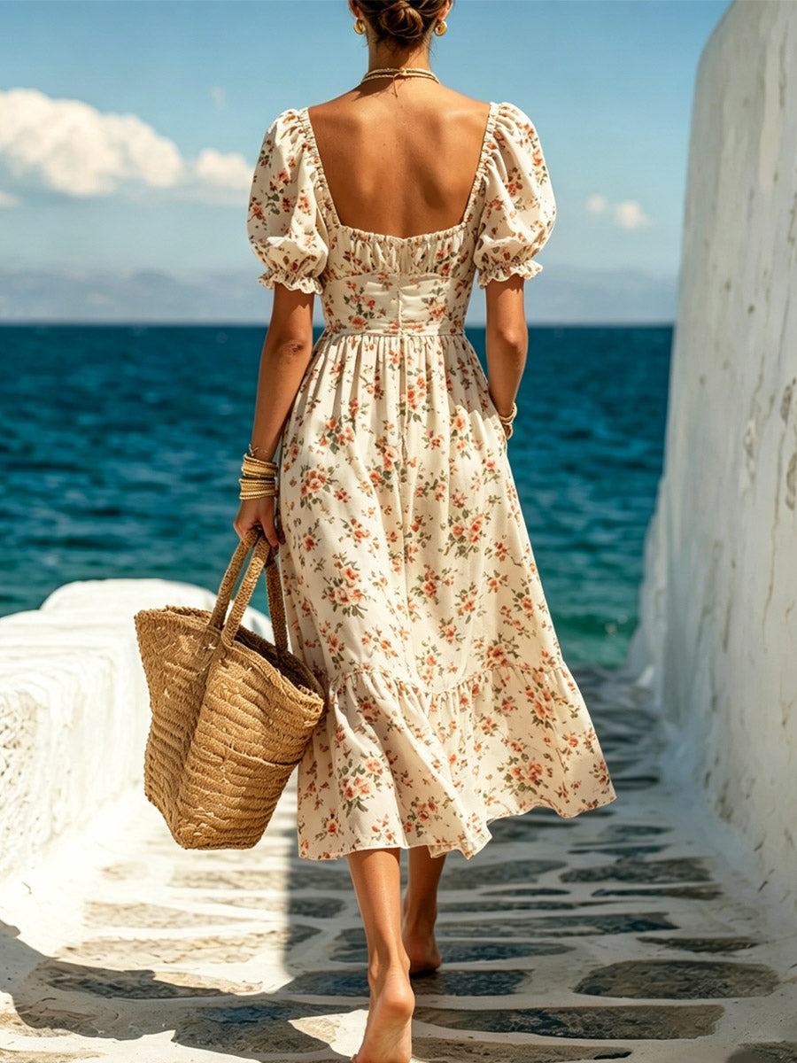 Women's Floral Pattern Art Casual Short Sleeve Cotton Linen Dress