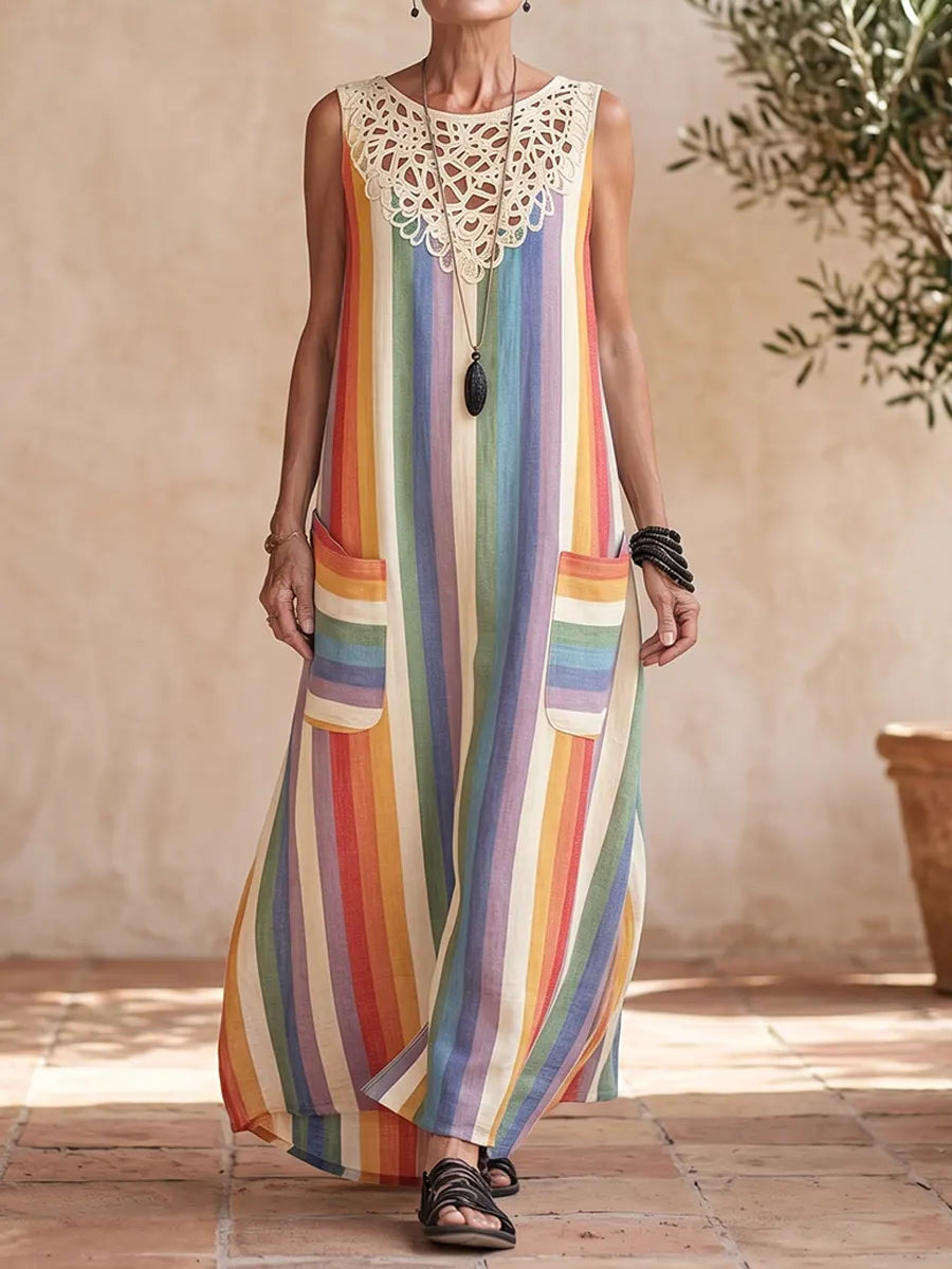 Vacation Rianbow Stripes Cotton Linen Maxi Dress