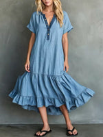 Color-block Trim V-neck Ruffle-hem Dress With Folded-cuff Short Sleeves