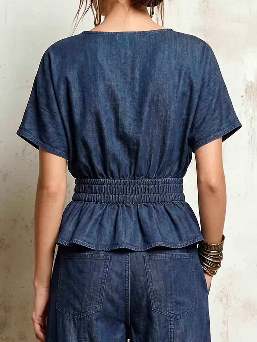 Effortless Smocked-waist Denim Blouse