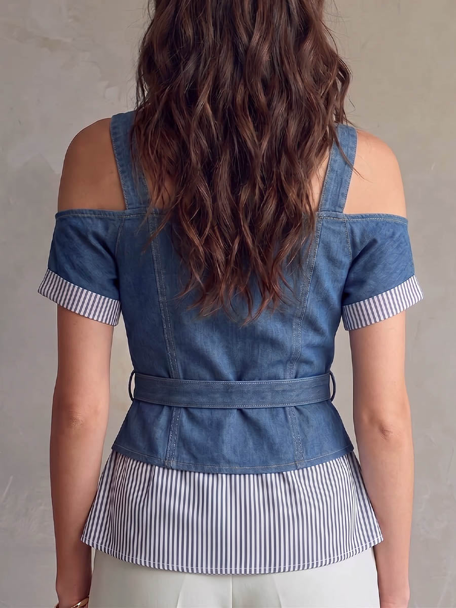 Women's Square-neck Short-sleeve Casual Loose-fit Top With Denim Patchwork And Striped Print