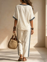 Women's Striped Art Comfortable Casual Top And Pants Cotton Linen Two-piece Set