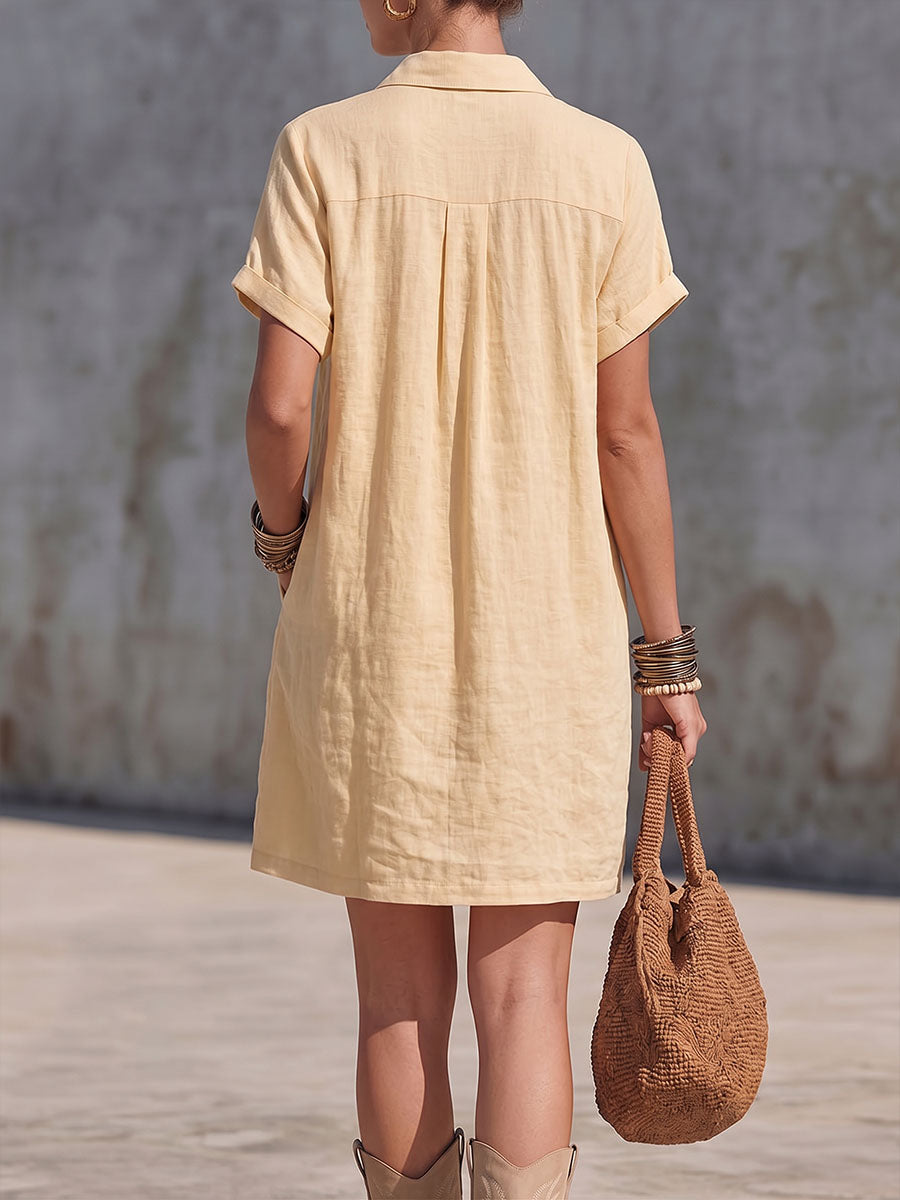 Women's Solid Color Lapel Short-sleeve Casual Loose Cotton-linen Shirt Dress