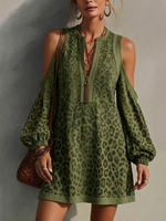 Leopard Print Off-shoulder Cropped Dress With Half-zip And Lantern Sleeves (loose Fit)
