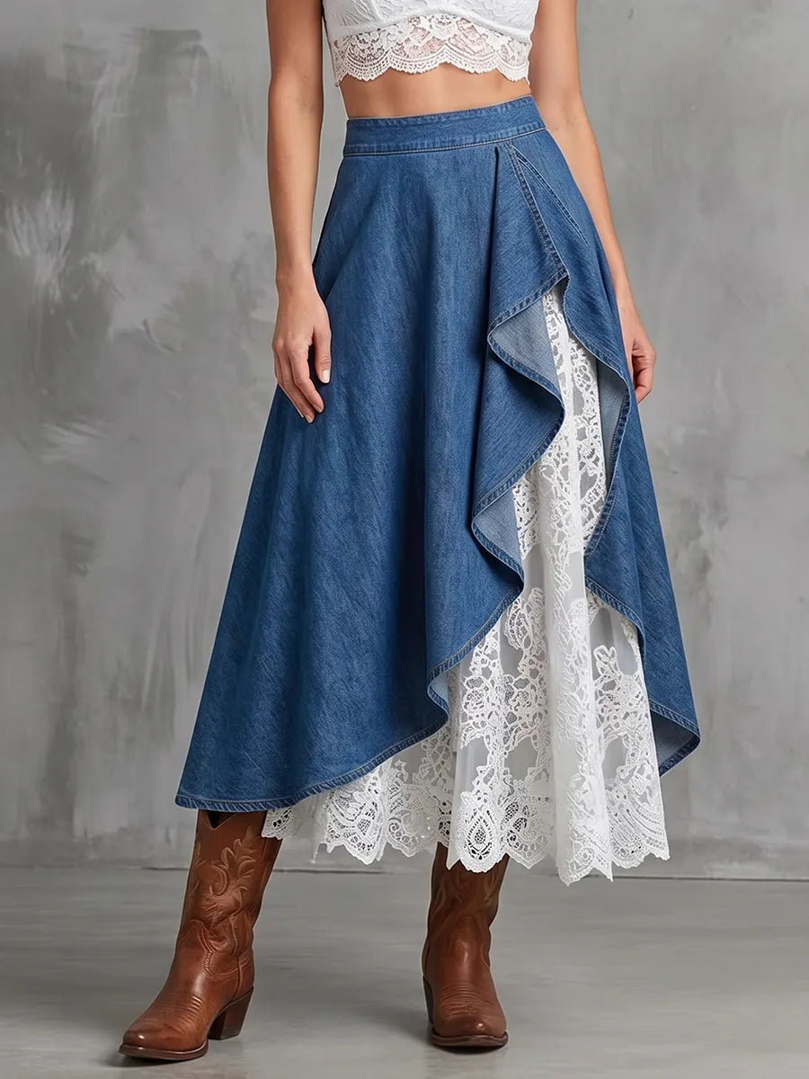 Romantic Denim & Lace Asymmetrical Maxi Skirt