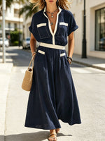 Women's Color Block Art Stylish Casual Top And Skirt Cotton Linen Two-piece Set