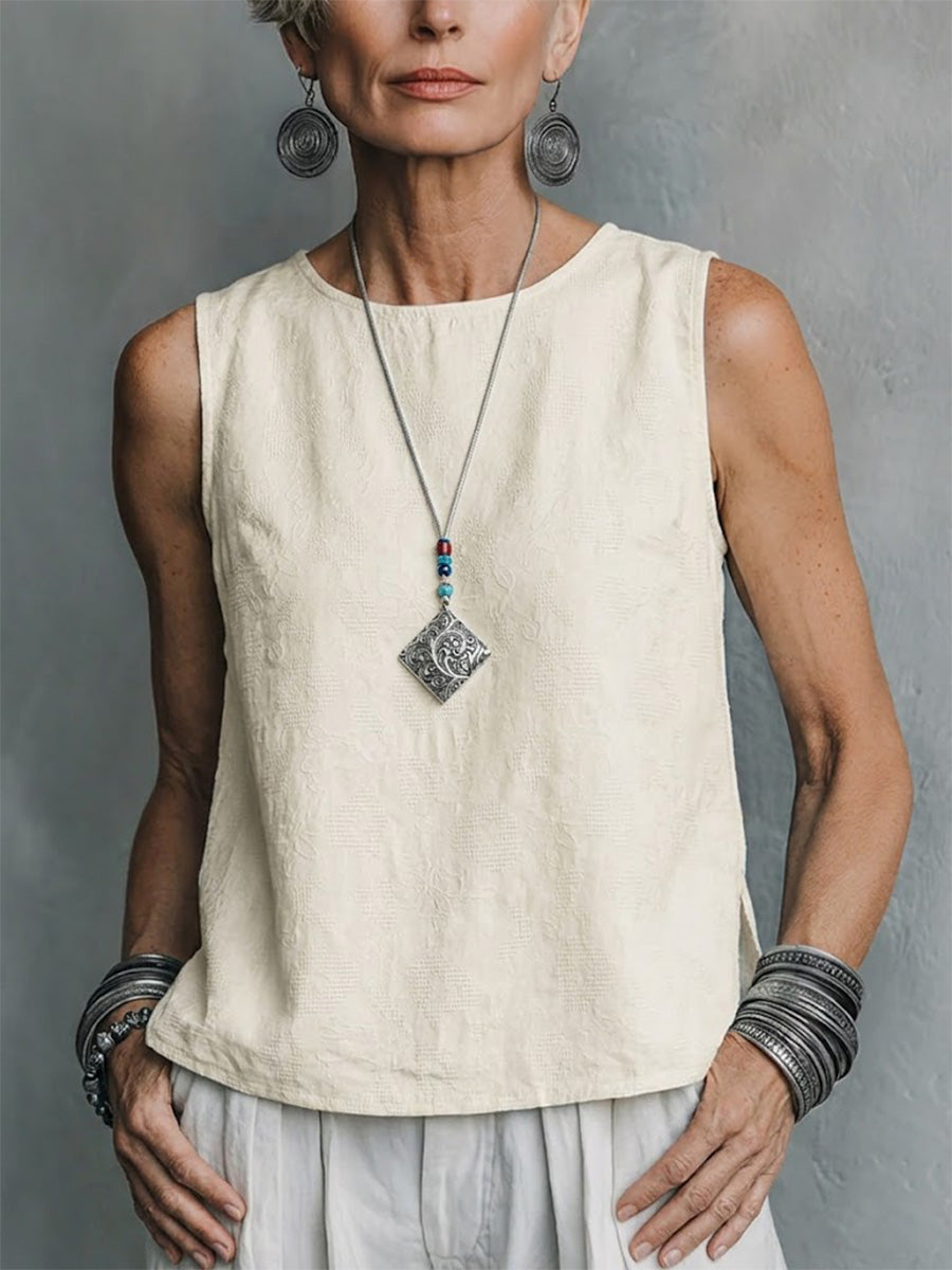 Cotton And Linen Jacquard Sleeveless Loose Slimming Artistic Casual Vest Pure Cotton Top