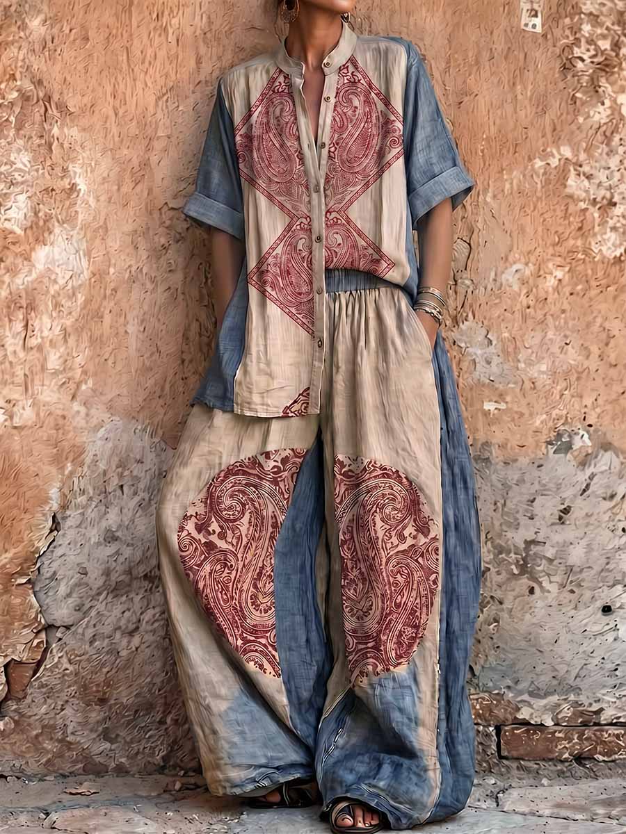 Women's Vintage Placement-print Cotton-linen Set: Short-sleeve Stand-collar Loose Casual Top & High-waisted Wide-leg Pants