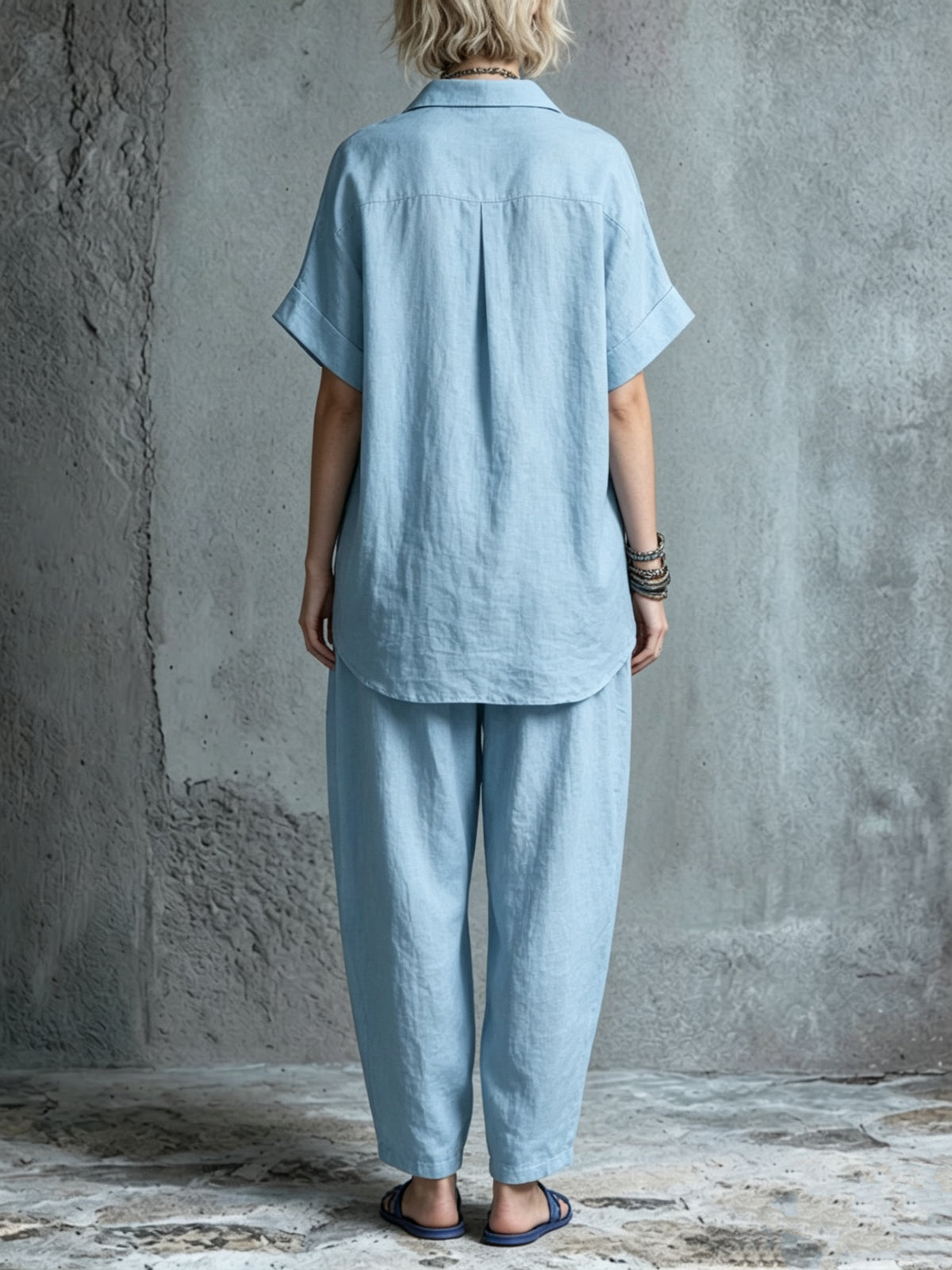 Two-piece Set: Collared, Half-placket, Batwing-sleeve Cotton-linen Shirt + Loose-fit Harem Pants With An Elastic Waist.