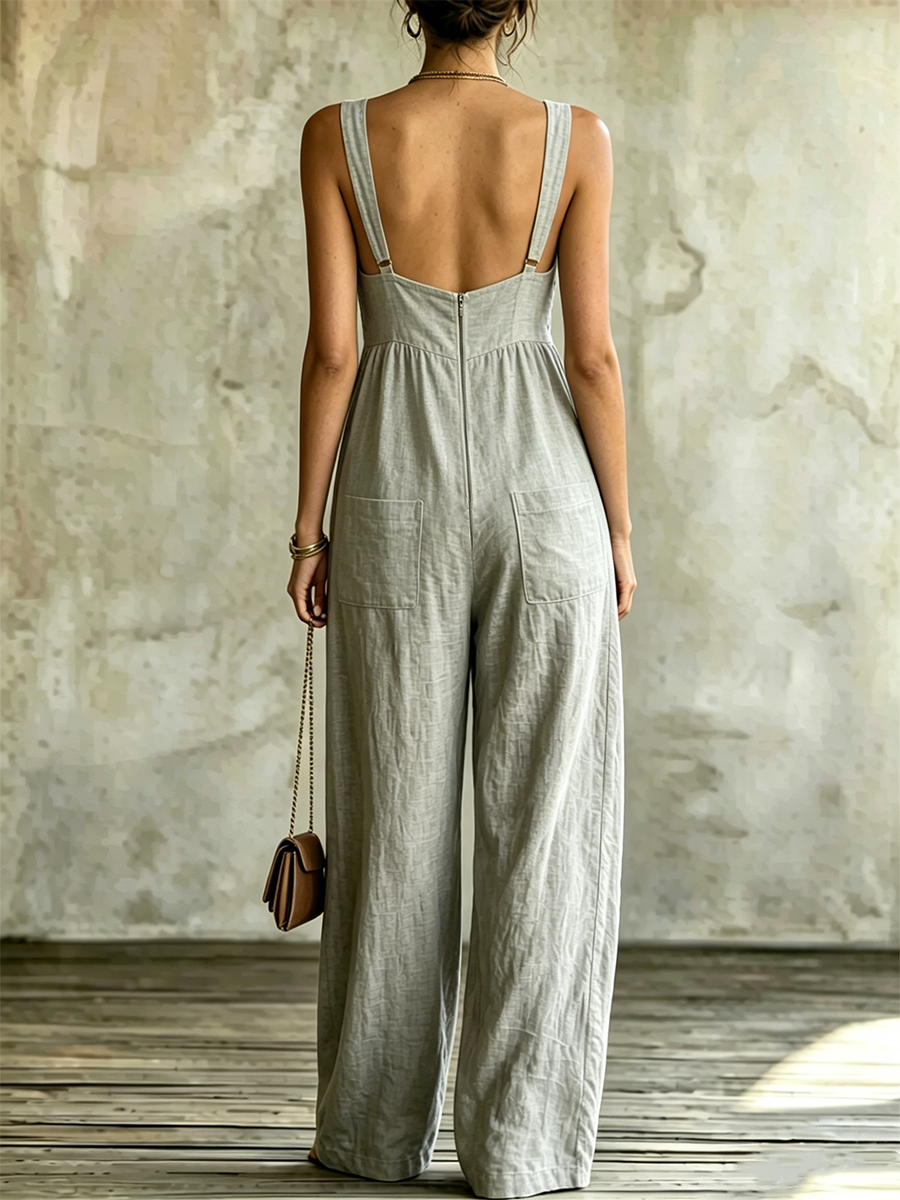 Vintage-style Textured Cotton-linen Camisole Jumpsuit With Large Pockets And A Bohemian Vibe