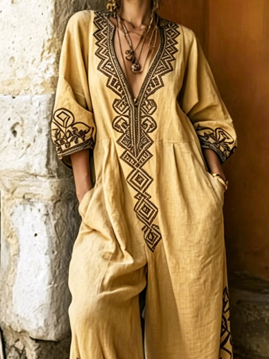 Women's Ethnic Art Casual Loose Pockets Cotton Linen Jumpsuit