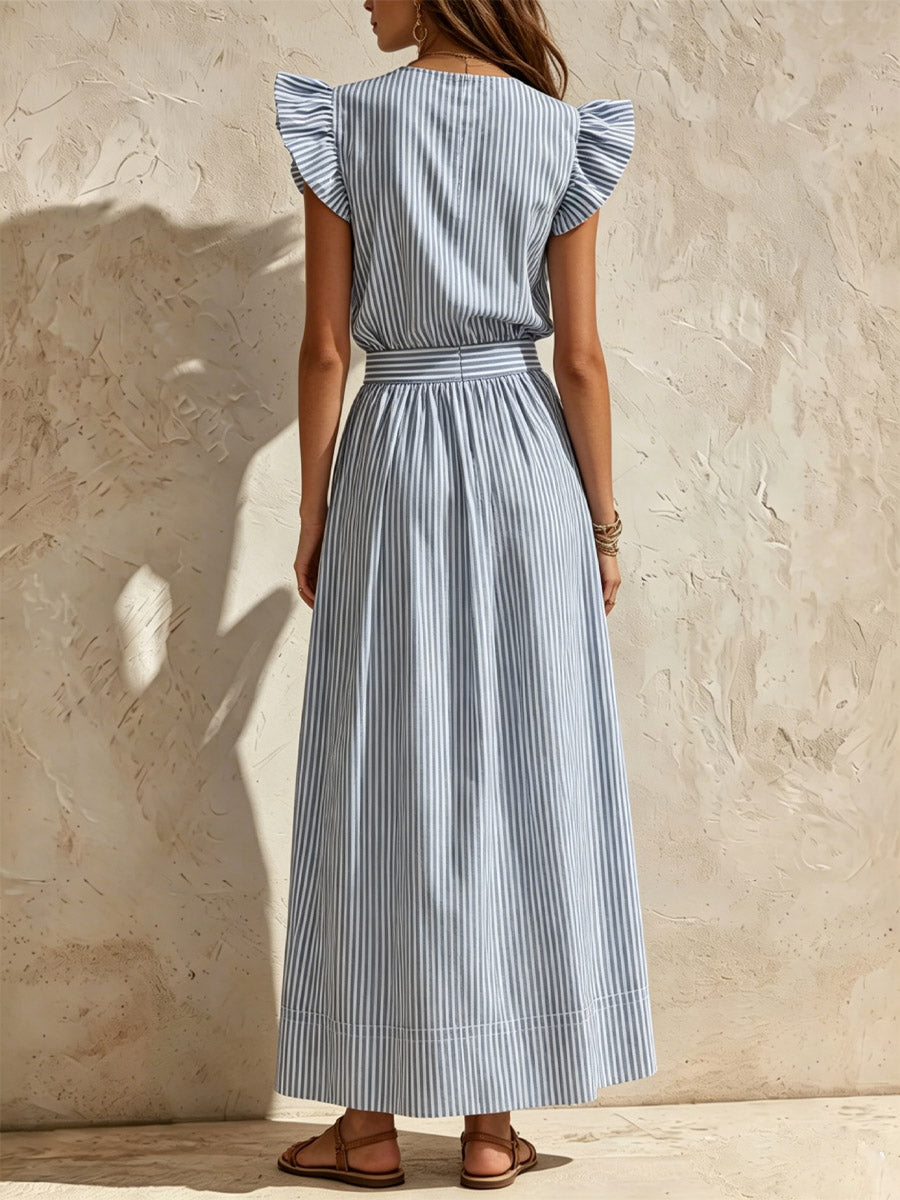 Women's Striped Ruffled Sleeve Art Stylish Casual Top And Skirt Two-piece Set