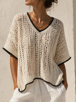 Classic Contrast-trimmed Open Knit V-neck Top