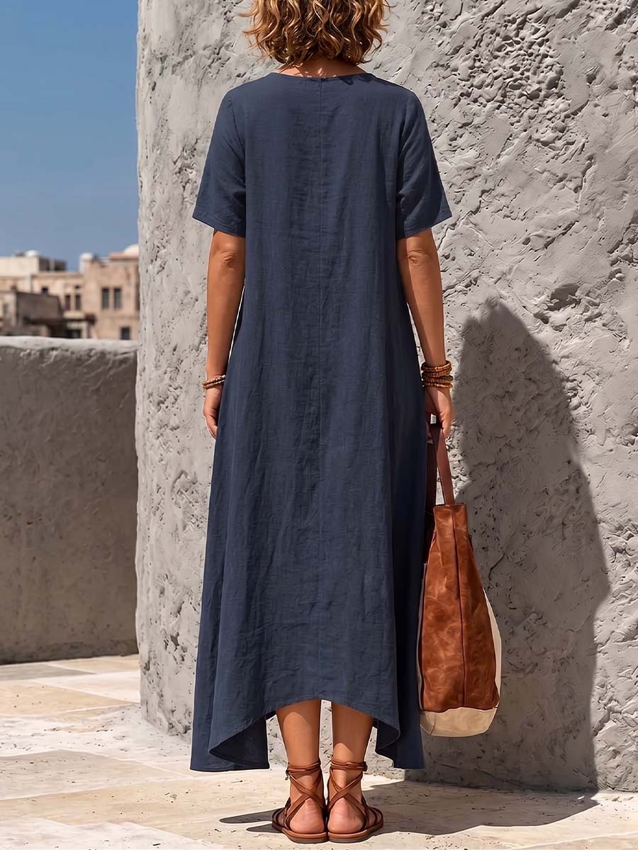 Women's Solid-color Cotton-linen Casual Loose-fit Short-sleeve Dress With Cut-out Neckline