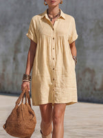 Women's Solid Color Lapel Short-sleeve Casual Loose Cotton-linen Shirt Dress