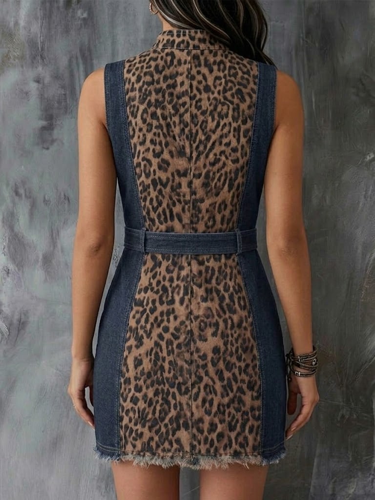 Fashionable Sleeveless Denim Mini Dress With Leopard Print Panels