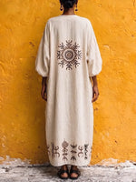 Earth Nomad Ethnic Motif V-Neck Cotton-Linen Kaftan