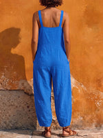 Women's Solid Color Square-neck Sleeveless Casual Loose Cotton-linen Wide-leg Jumpsuit