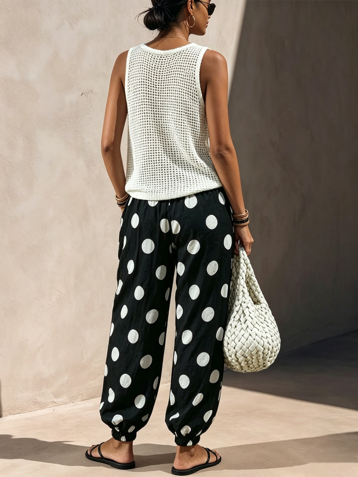 Fresh Casual Round Neck Hollow Sleeveless Knit Top Vintage Big Polka Dot Drawstring Lantern Pant Matching Set