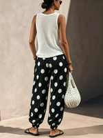 Fresh Casual Round Neck Hollow Sleeveless Knit Top Vintage Big Polka Dot Drawstring Lantern Pant Matching Set
