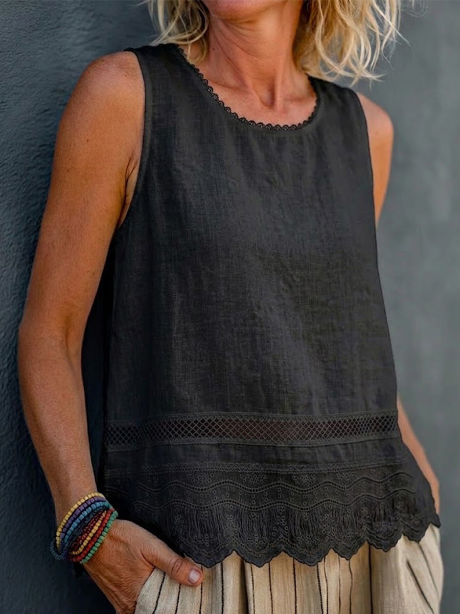 Sleeveless T-shirt With A Stylish Lace-trimmed Round Neck—a Casual, Slimming Top