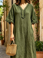 Women's Casual Stylish V-Collar Short Sleeve Cotton Linen Midi Dress