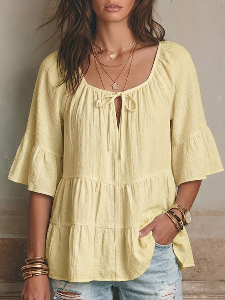 Square-neck Cotton-linen Top Featuring Front Ties, Cut-out Details, Tiered Ruffles, And Three-quarter Length Flared Sleeves