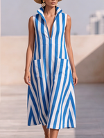 Breathable Striped Cotton-linen Dress With Stand Collar
