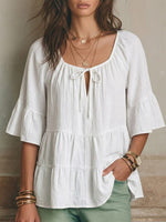 Square-neck Cotton-linen Top Featuring Front Ties, Cut-out Details, Tiered Ruffles, And Three-quarter Length Flared Sleeves
