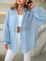 Women's Casual Stylish Knot Loose Sheer Lapel Long Sleeve Shirt