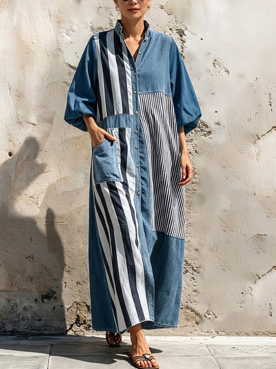 Washed Denim Multi-stripe Splice Stand Collar Lantern Long Sleeve Full Button Loose Maxi Shirt Dress