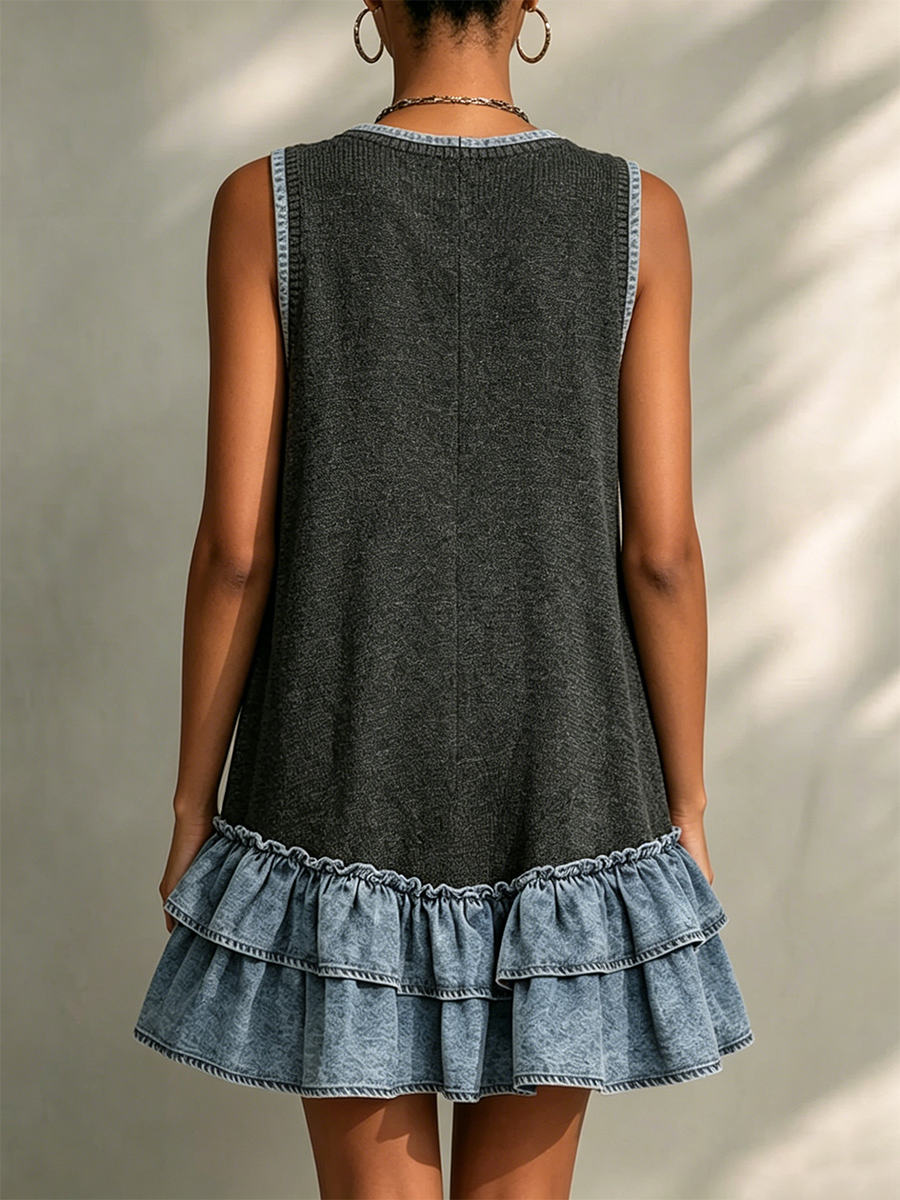 Distressed Knit Denim-trimmed Sleeveless Double-layer Ruffle Dress With A Partial Button Placket