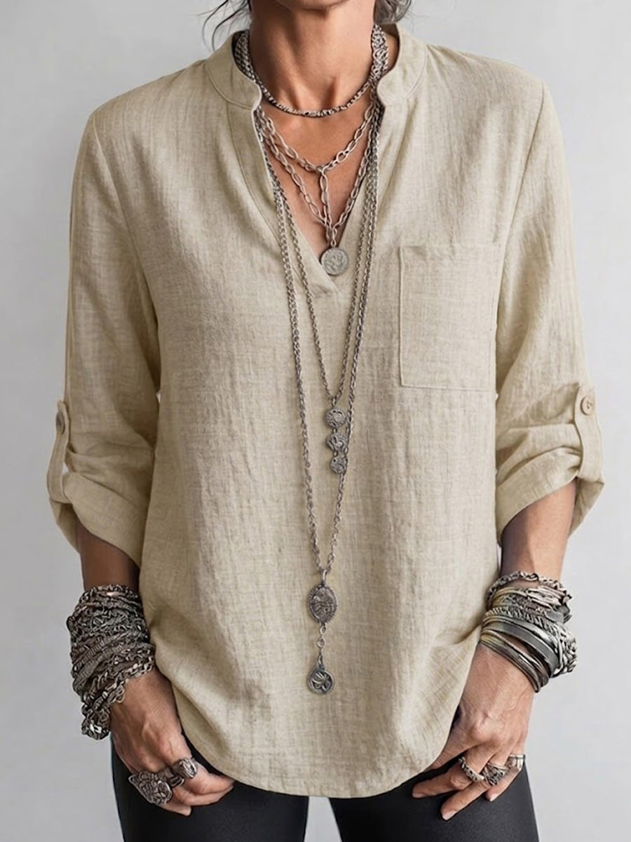 Long-sleeve Linen Top Featuring A Split Mandarin Collar, V-neck, Roll-up Sleeves, And Patch Pockets