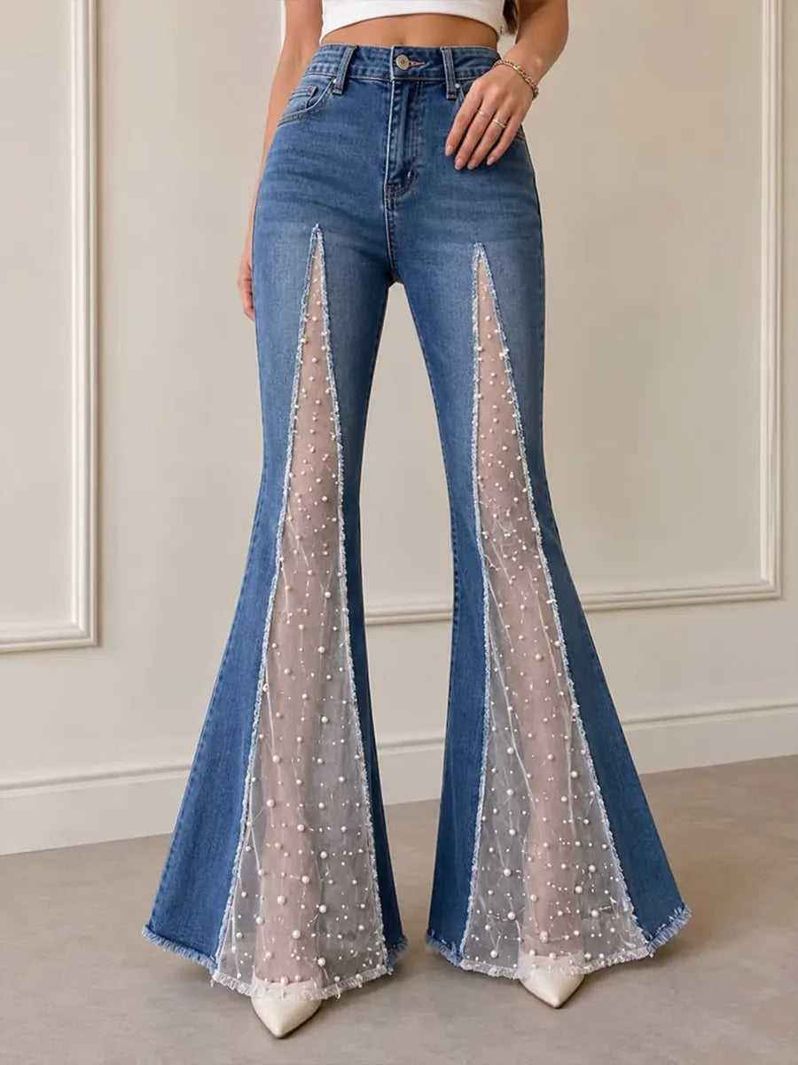 Chic Pearl-Embellished Sheer Flared Jeans