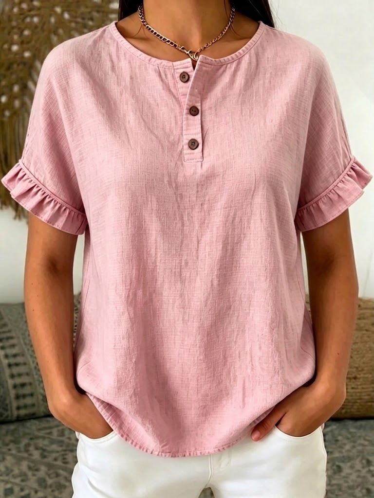 Minimalist Linen-cotton Short-sleeve Henley Top